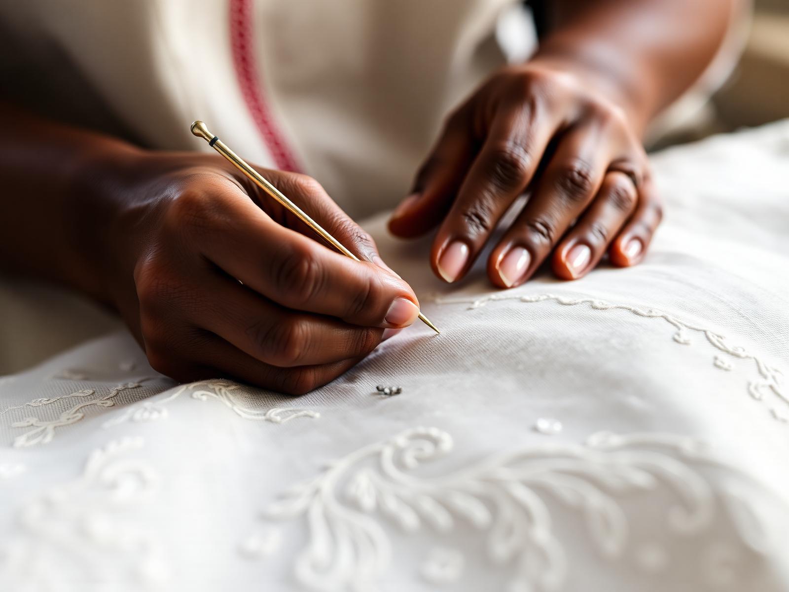 Artisan hands hand-embroidering Chikankari on ivory cotton