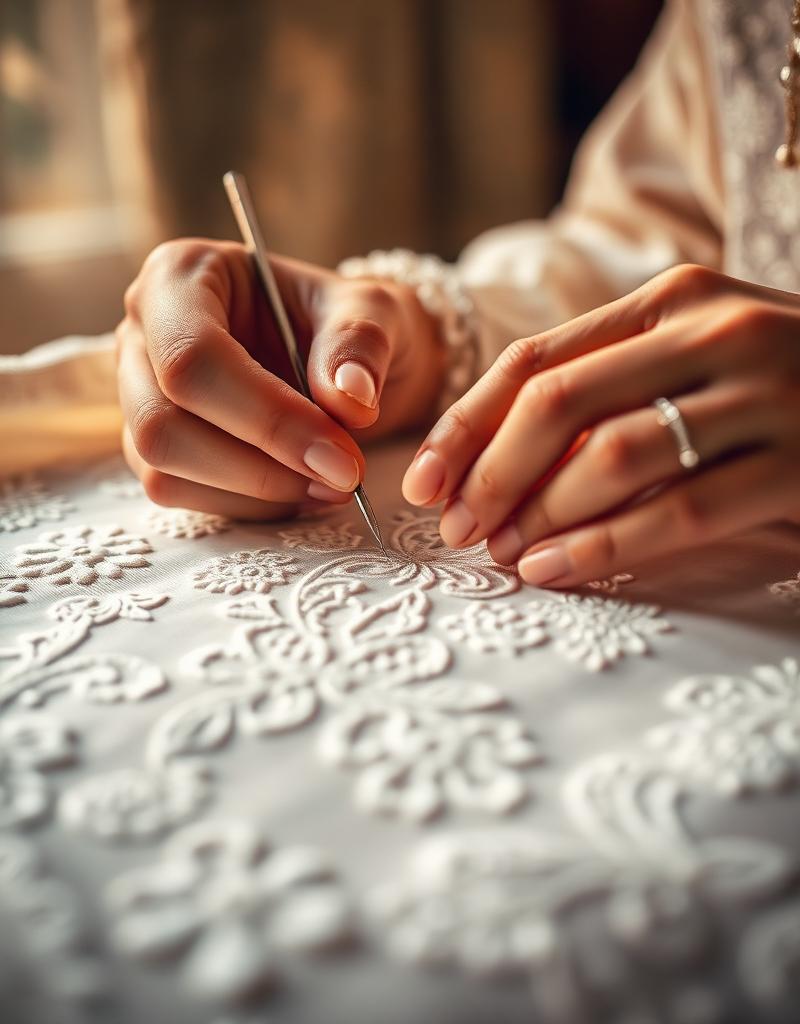 Close-up of Chikankari hand embroidery in progress