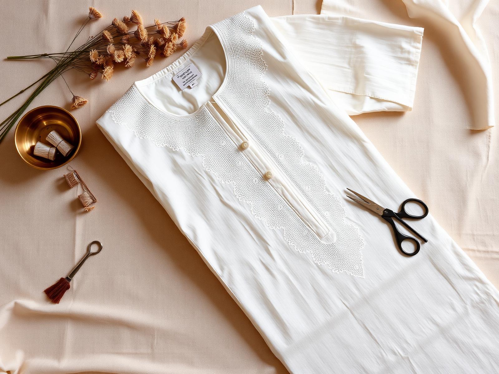 Flat lay of an ivory Chikankari kurta with dried flowers and brass bowl